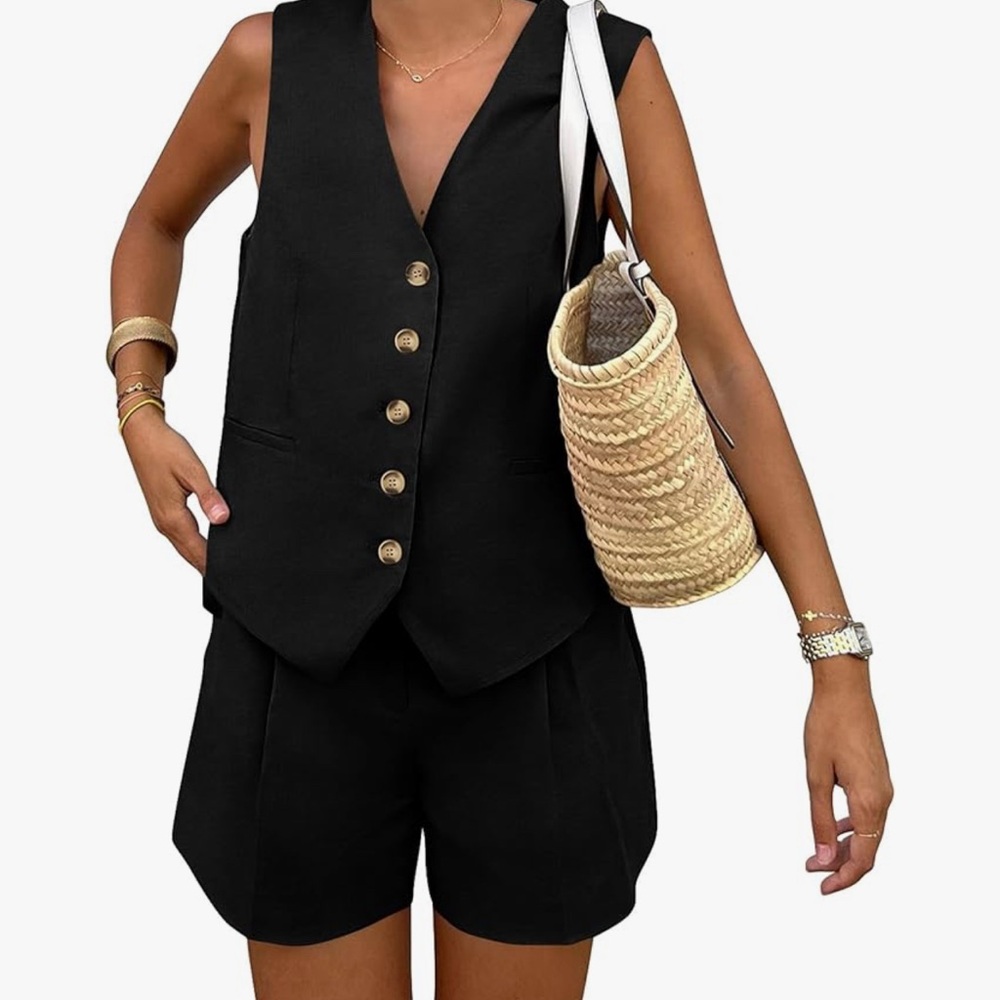 Black Buttoned Vest and Shorts Set
